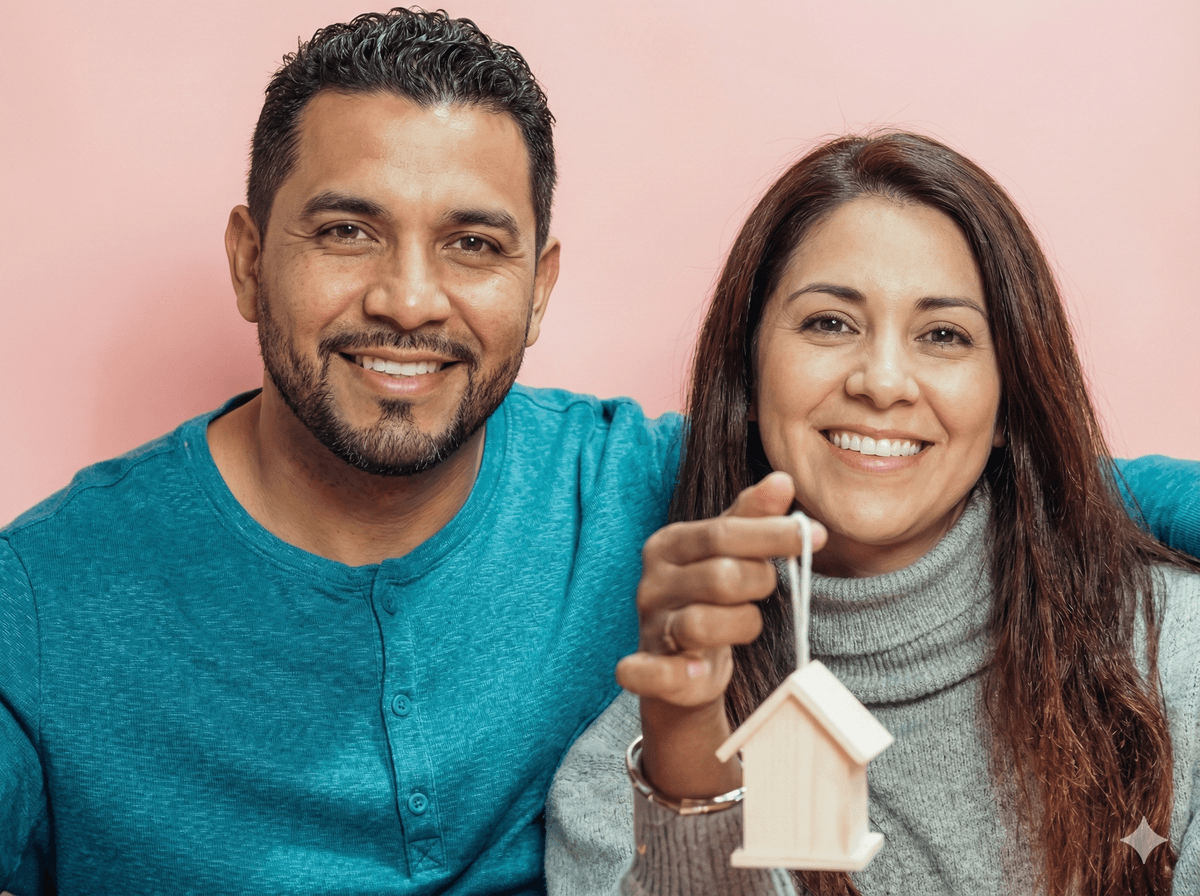 Happy couple holding house keys - HELOC mortgage acceleration